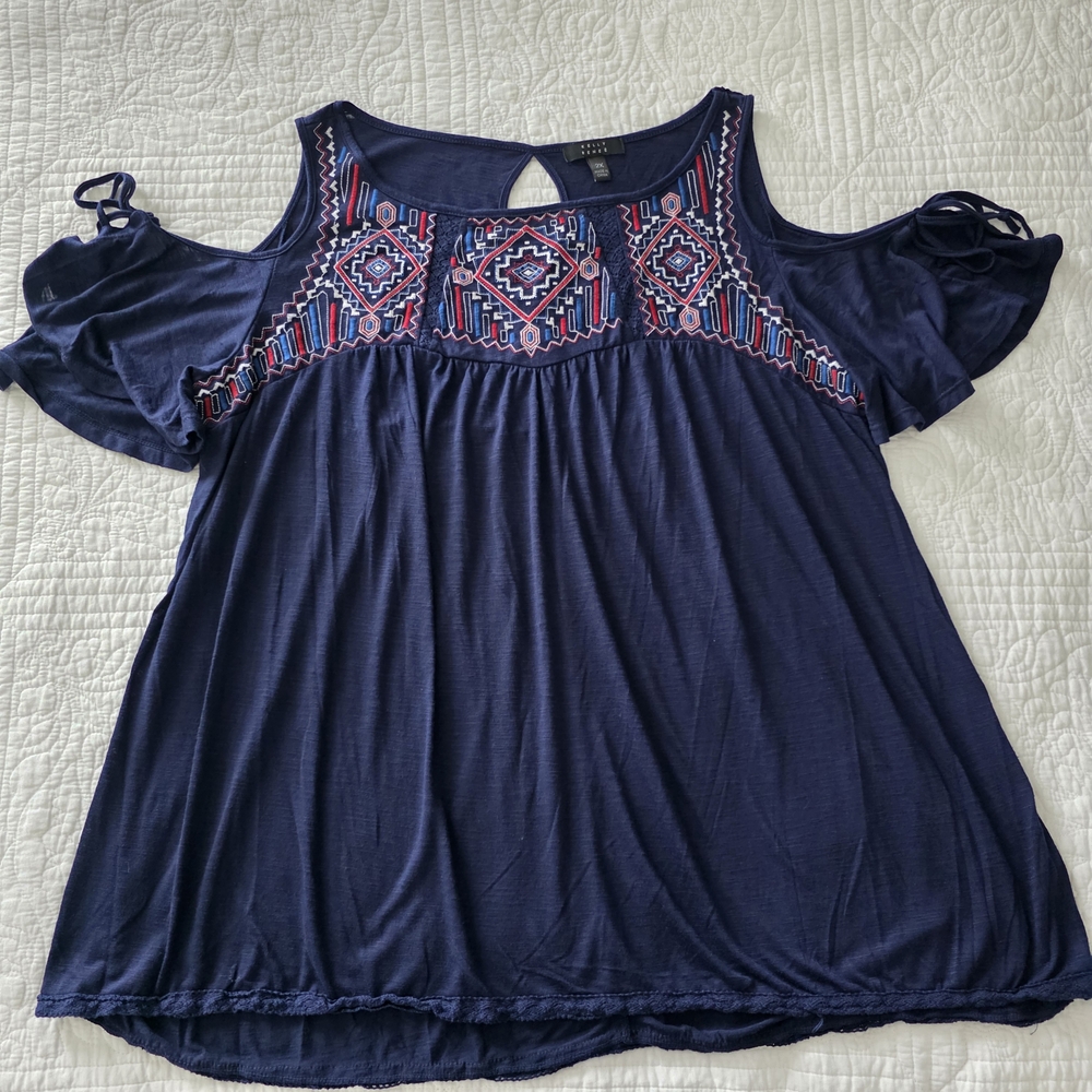 Kelly Reneé Boho Embroidered Cold Shoulder Embroidered Tunic — 2X